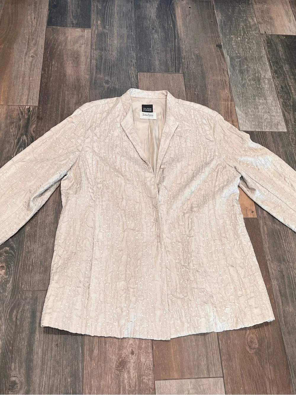 Eileen Fisher Neiman Marcus Crinkle Jacket Sz M 100% Silk Sequins Pockets Gold